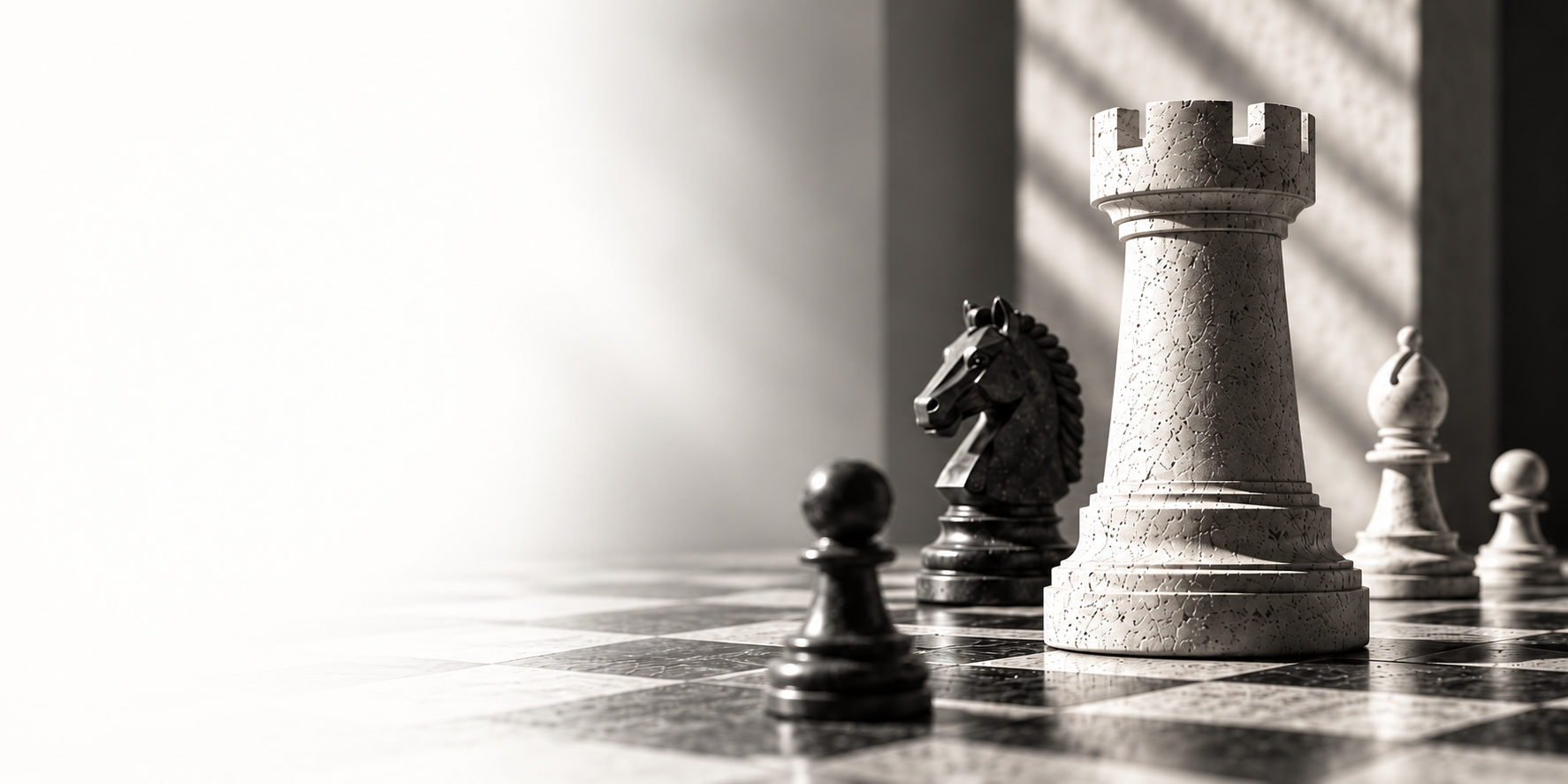 Monochrome chess pieces on a marble board, illustrating strategic perspective